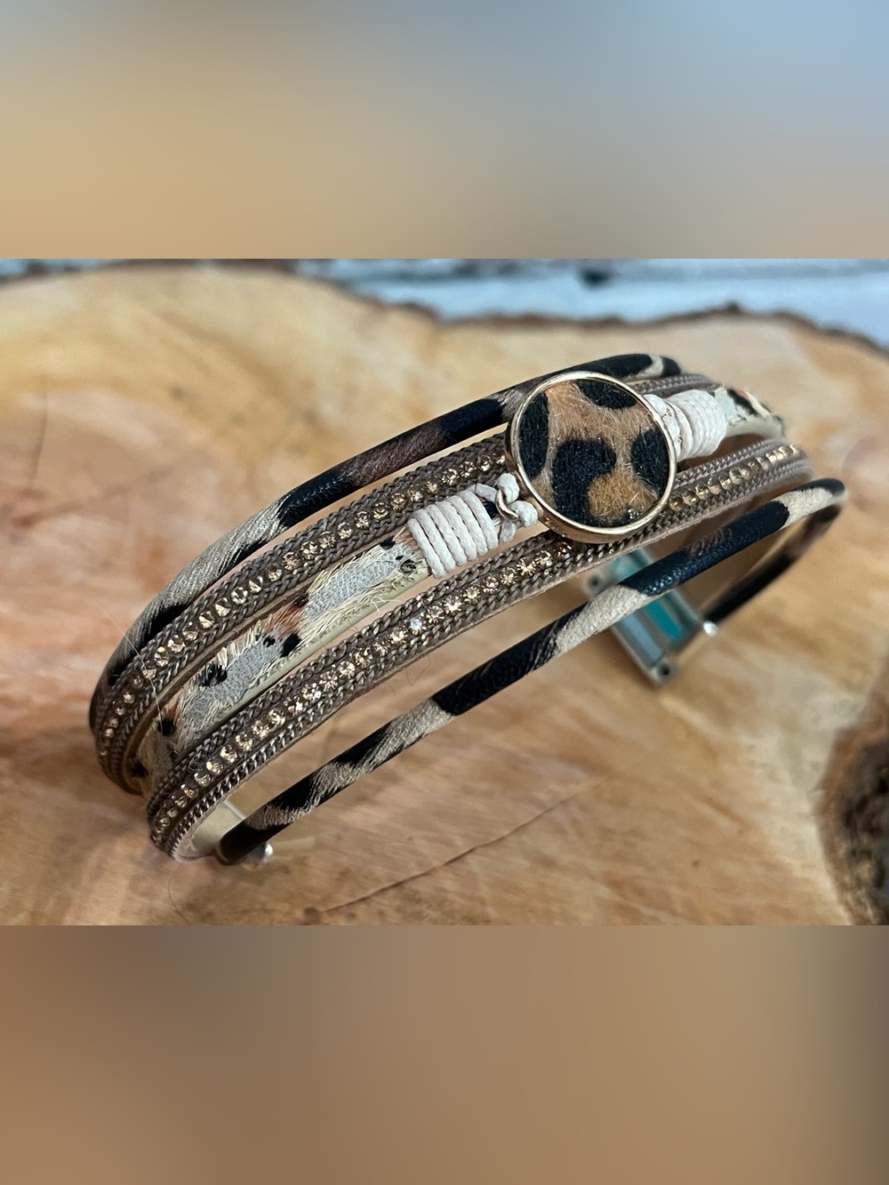 Women’s Leopard Print Leather Wrap Bracelet Magnetic Clasp Rhinestone Boho
